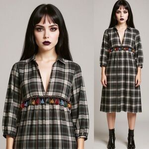 Zara green women's plaid soft check grunge goth midi dress with tassels size XS